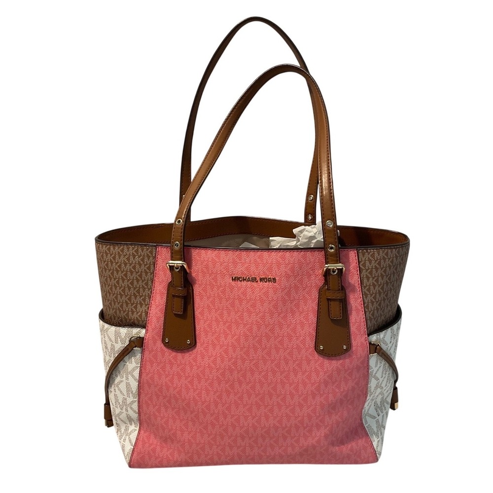Michael Kors Voyager Tote Bag Pink Brown Multi Color Signature Colorblock Canvas
